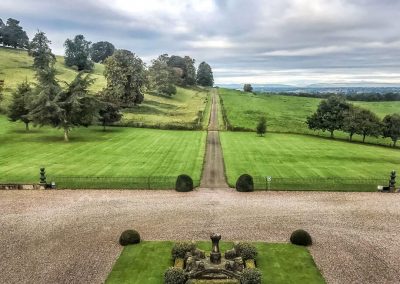 Photo looking down on the front lawn of Hawkstone Hall