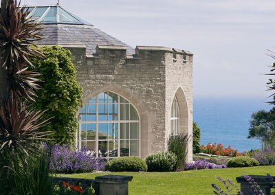 Photo of the terrace outside of the Clifftop Lodges at Pennsylvania Castle Estate
